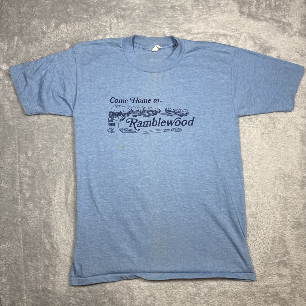 Vintage T Shirt Men Large Blue Welcome Home To Ramblewood Apartments Distressed